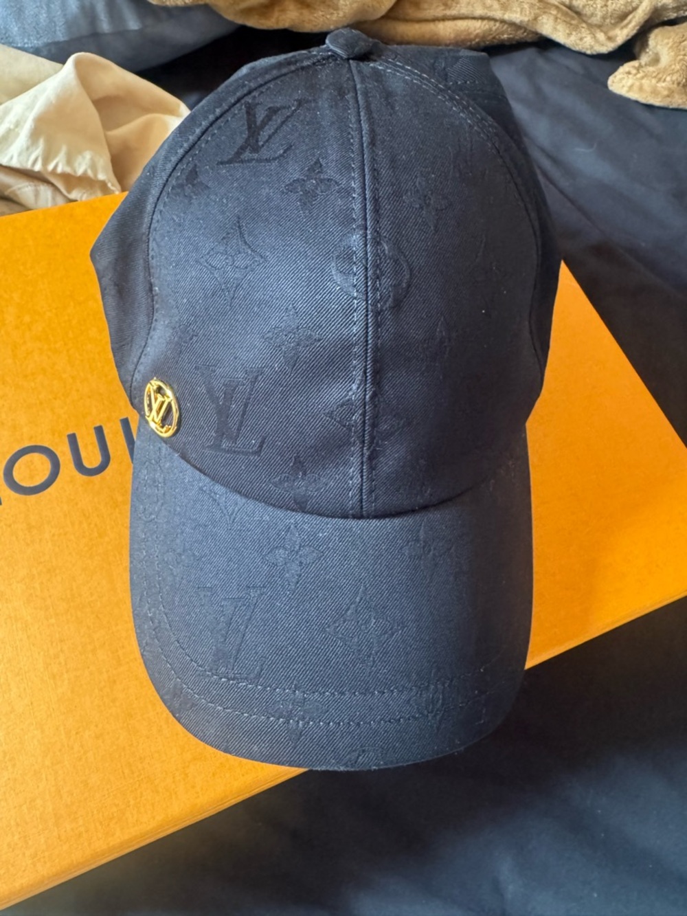 Louis Vuitton Black Monogram Embossed Baseball Cap with Gold Pin